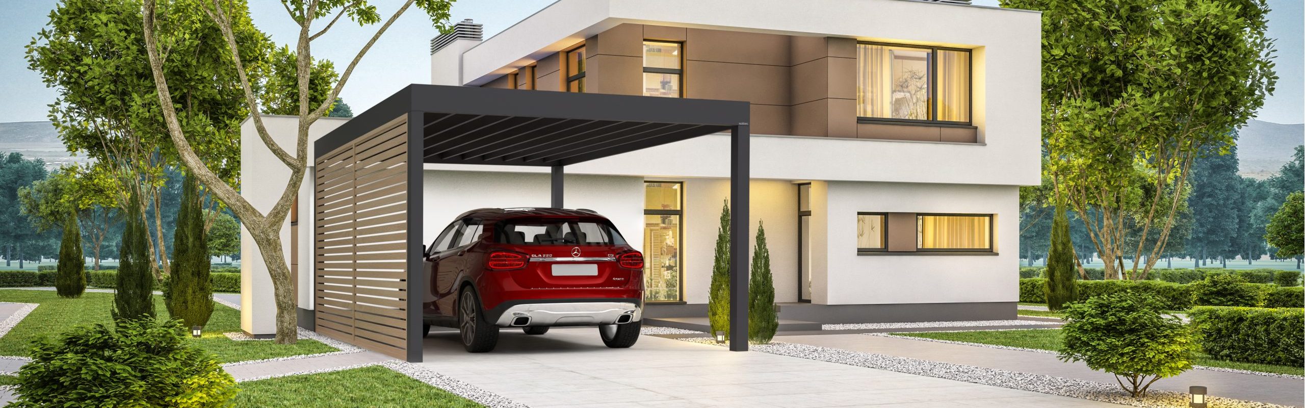 3D-Rendering eines modernen, gemütlichen Hauses mit viel Rasenfläche. Klarer Sommerabend mit sanftem Himmel. Gemütliches, warmes Licht aus dem Fenster.