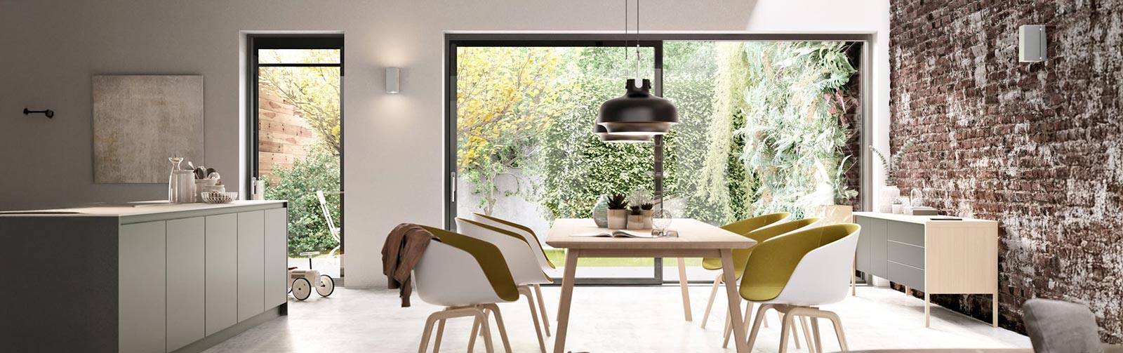 Blick in den hellen Wohn- Essbereich einer modern eingerichteten Wohnung.