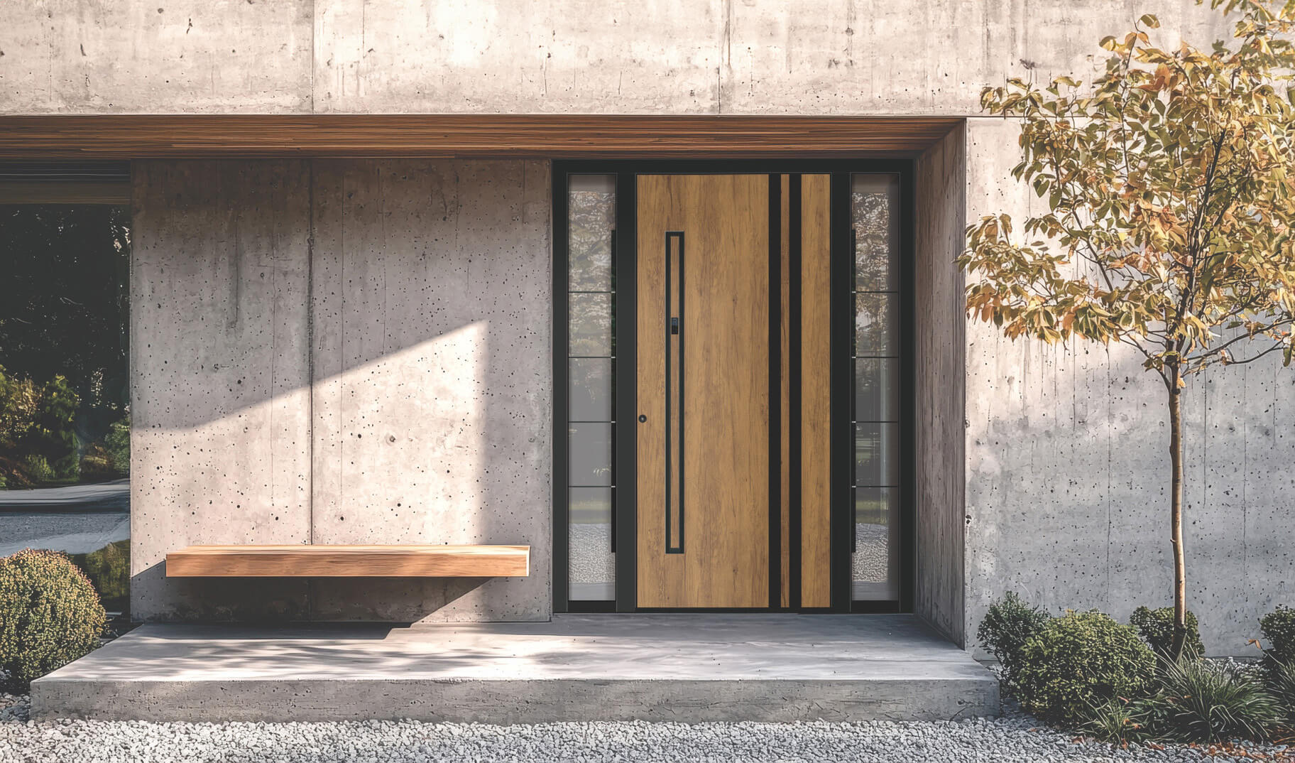 Moderne Aluminium Haustür in Holzoptik mit Glas-Seitenteilen für einen hochwertigen Hauseingang